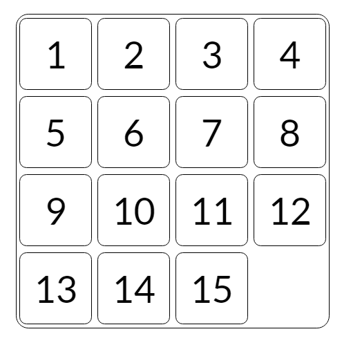 Solved fifteen puzzle with tiles 1–15 in order and the empty slot at bottom right